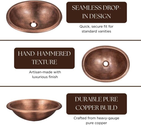 Oval Bathrooms Hand Hammered Pure Copper Vanity Sink for Countertop