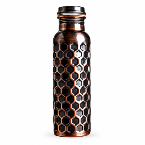 100% Pure Copper Water Bottle – Handmade Honeycomb Design Ayurvedic Copper Vessel for Detox – Leak Proof BPA Free Bottle (34 oz / 1L)