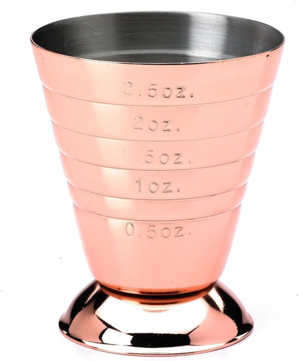 Copper Multi-Level Jigger measures in ounces, millilitres, and tablespoons