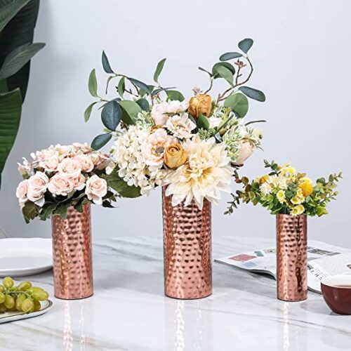 Modern Centerpiece, Decorative Copper Tone Metal Tall Cylinder Flower Vases