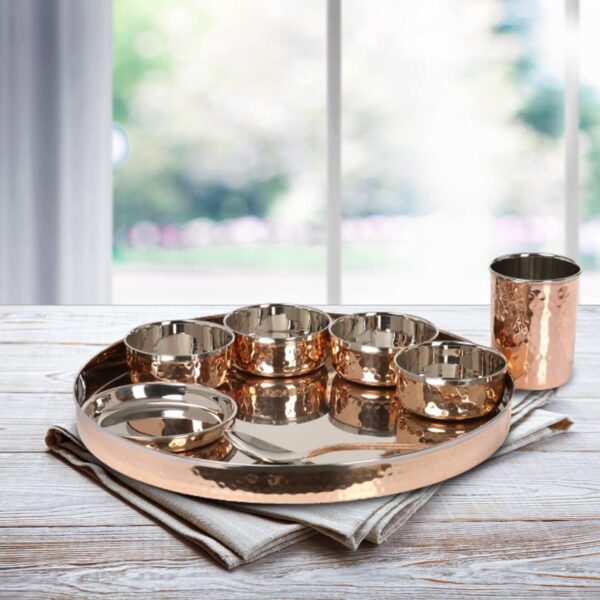 Stainless Steel Copper Hammered Traditional Crockery Set of Thali Plates, Bowls, Glass and Spoon Serving Tableware for Home and Kitchen 12.5 Inches
