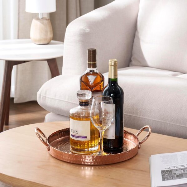 Copper Round Display Tray with Handcrafted Hammered Design