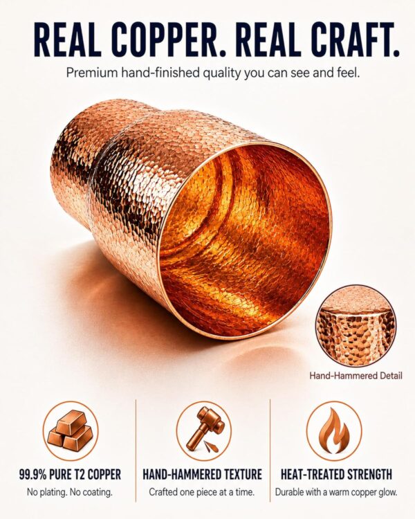 Pure Copper Cup for Drinking, Tall Hand-Hammered Ayurvedic Water Tumbler
