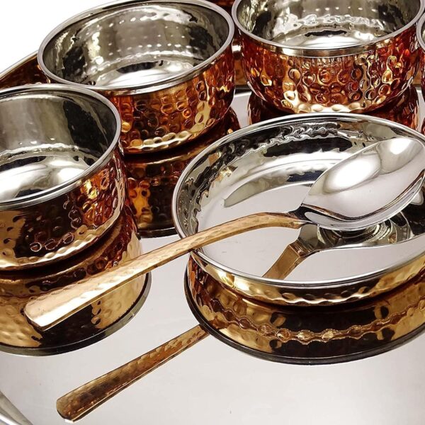 Stainless Steel Copper Hammered Traditional Crockery Set of Thali Plates, Bowls, Glass and Spoon Serving Tableware for Home and Kitchen 12.5 Inches