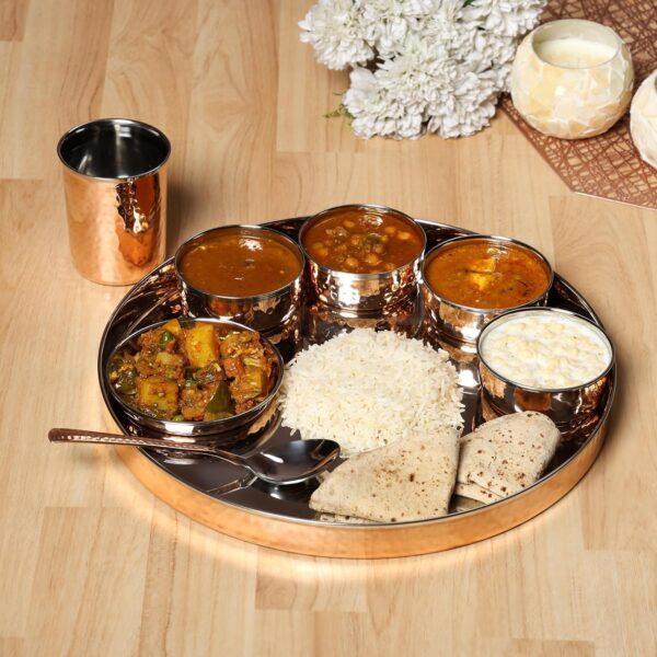 Stainless Steel Copper Hammered Traditional Crockery Set of Thali Plates, Bowls, Glass and Spoon Serving Tableware for Home and Kitchen 12.5 Inches