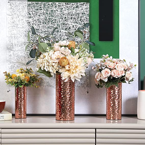 Modern Centerpiece, Decorative Copper Tone Metal Tall Cylinder Flower Vases