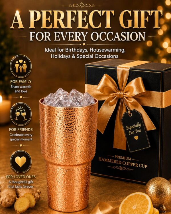 Pure Copper Cup for Drinking, Tall Hand-Hammered Ayurvedic Water Tumbler