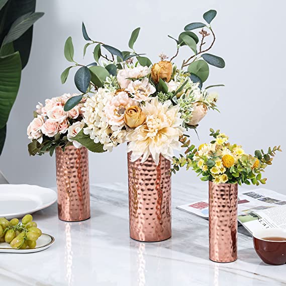 Modern Centerpiece, Decorative Copper Tone Metal Tall Cylinder Flower Vases