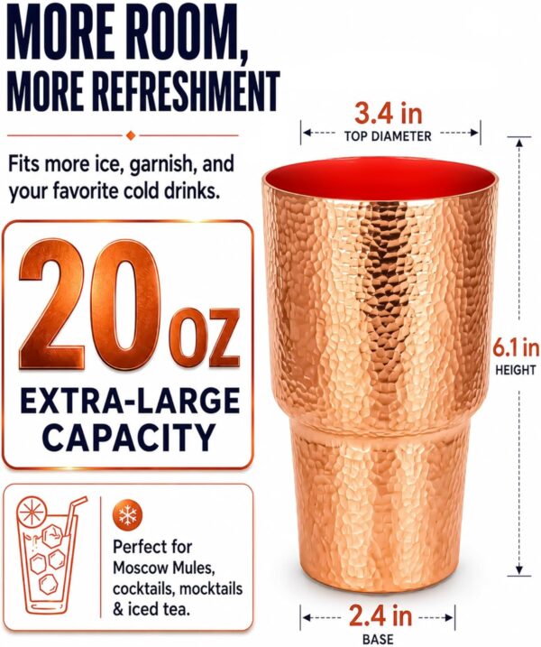Pure Copper Cup for Drinking, Tall Hand-Hammered Ayurvedic Water Tumbler