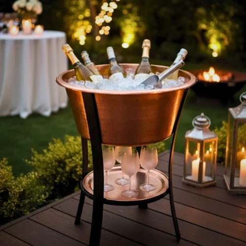 Round Hammered Copper Beverage Tub with Stand