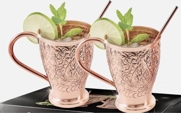 Copper Cups Set of 2 with Unique Handcrafted Embossed Design with Anti-Tarnish Food-Grade Coating