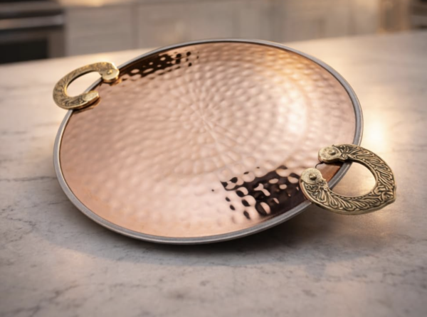 Hammered Copper Serving Tawa/Platter with Brass Handles