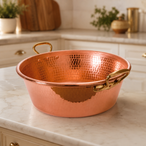 Hammered Copper Jam Pan With Brass Handles