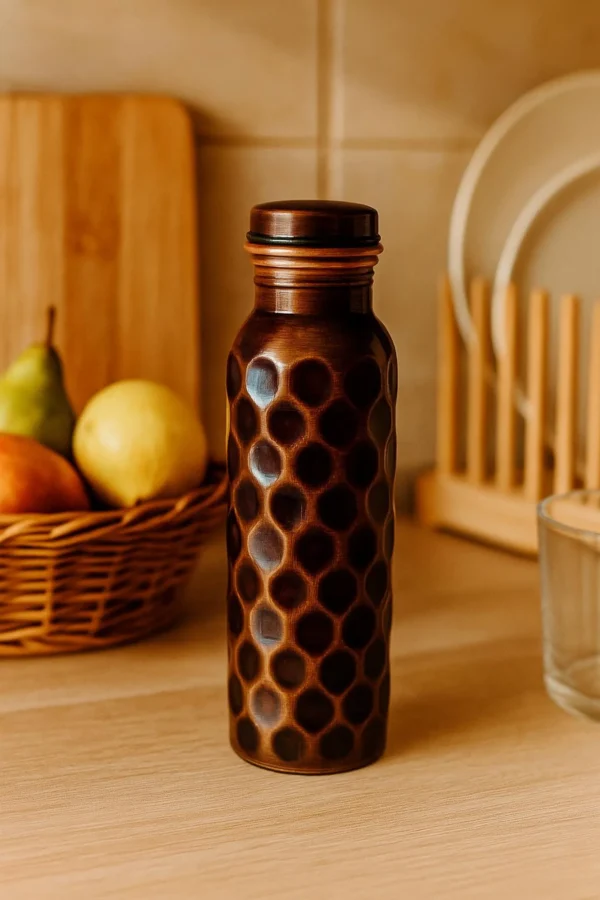 100% Pure Copper Water Bottle – Handmade Honeycomb Design Ayurvedic Copper Vessel for Detox – Leak Proof BPA Free Bottle (34 oz / 1L)