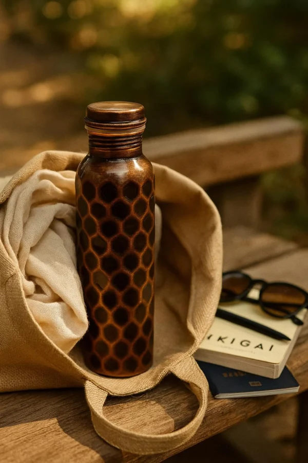 100% Pure Copper Water Bottle – Handmade Honeycomb Design Ayurvedic Copper Vessel for Detox – Leak Proof BPA Free Bottle (34 oz / 1L)