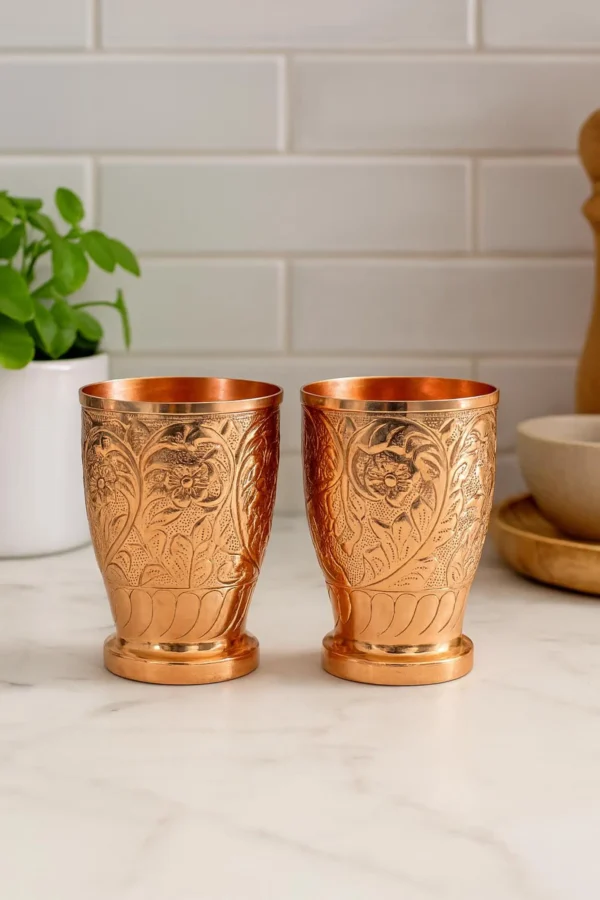 Handcrafted Copper Tumblers – Engraved Floral Design