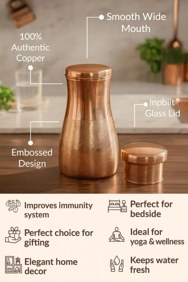 Pure Copper Water Carafe with 2 Tumblers- Bedside Water Bottle, Bedroom Jar, Unique Gift for Housewarming & Corporate, Christmas Day Gift,