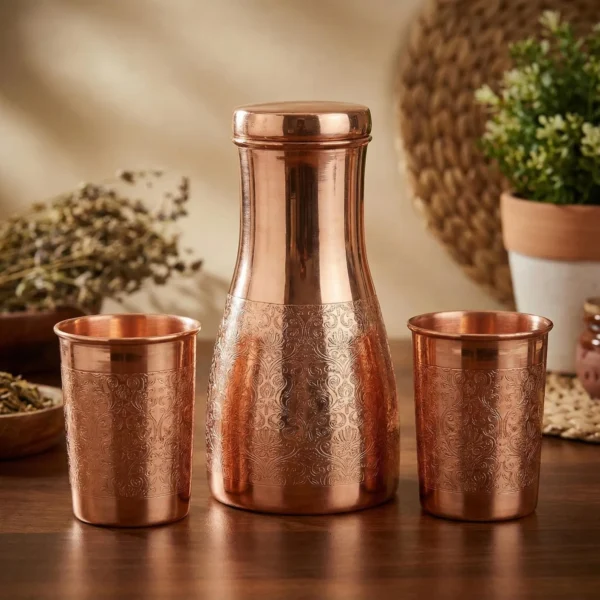 Pure Copper Water Carafe with 2 Tumblers- Bedside Water Bottle, Bedroom Jar, Unique Gift for Housewarming & Corporate, Christmas Day Gift,