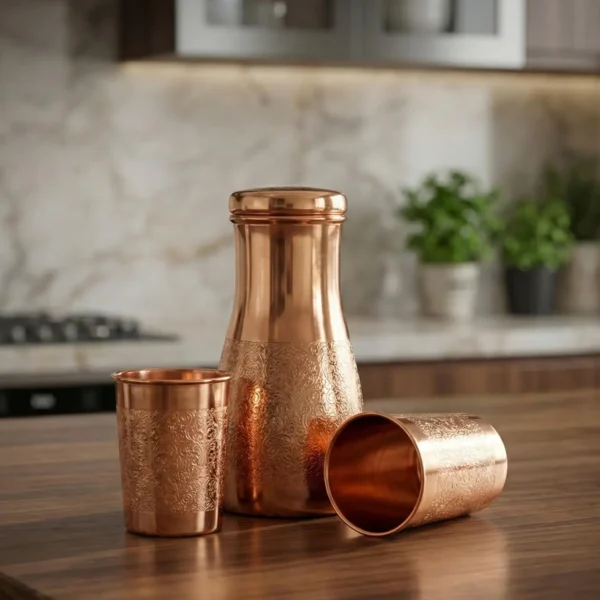 Pure Copper Water Carafe with 2 Tumblers- Bedside Water Bottle, Bedroom Jar, Unique Gift for Housewarming & Corporate, Christmas Day Gift,