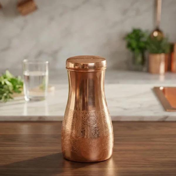 Pure Copper Water Carafe with 2 Tumblers- Bedside Water Bottle, Bedroom Jar, Unique Gift for Housewarming & Corporate, Christmas Day Gift,