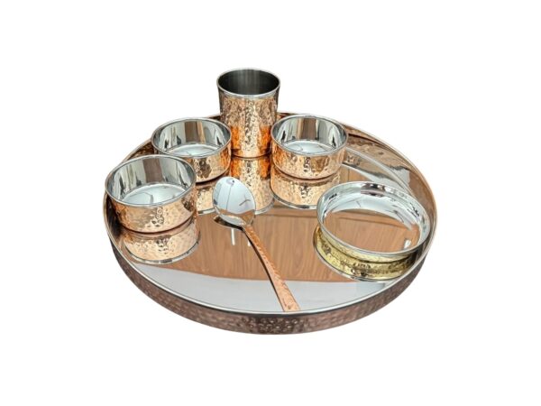 Stainless Steel Copper Hammered Traditional Crockery Set of Thali Plates, Bowls, Glass and Spoon Serving Tableware for Home and Kitchen 12.5 Inches