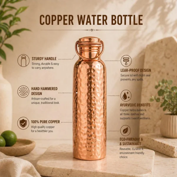 Pure Copper Water Bottle, Handmade Copper drink ware with handle cap