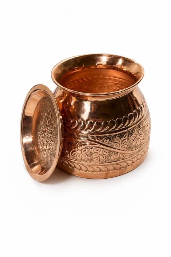 Pure Copper Water Pot with Lid, Handcrafted Tamba Kalash, Ayurvedic Drinking Vessel, Vintage Engraved Copper Jug for Health