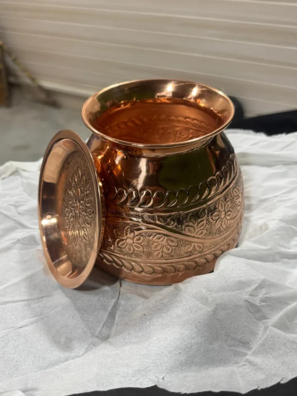 Pure Copper Water Pot with Lid, Handcrafted Tamba Kalash, Ayurvedic Drinking Vessel, Vintage Engraved Copper Jug for Health