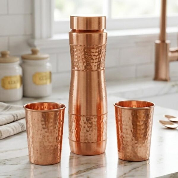 Hammered Pure Copper Water Bottle 950ml - Ayurvedic 100% Pure Copper Bottle for Healthy Drinking, Yoga & Detox, Leak Proof , Meditation Gift