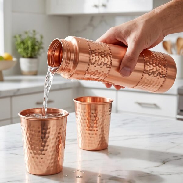 Hammered Pure Copper Water Bottle 950ml - Ayurvedic 100% Pure Copper Bottle for Healthy Drinking, Yoga & Detox, Leak Proof , Meditation Gift