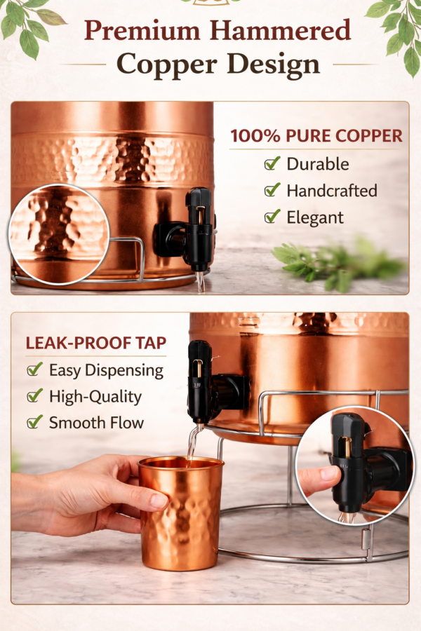 Pure Copper Hammered Water Dispenser Storage Water Tank with Tap and 2 Tumblers