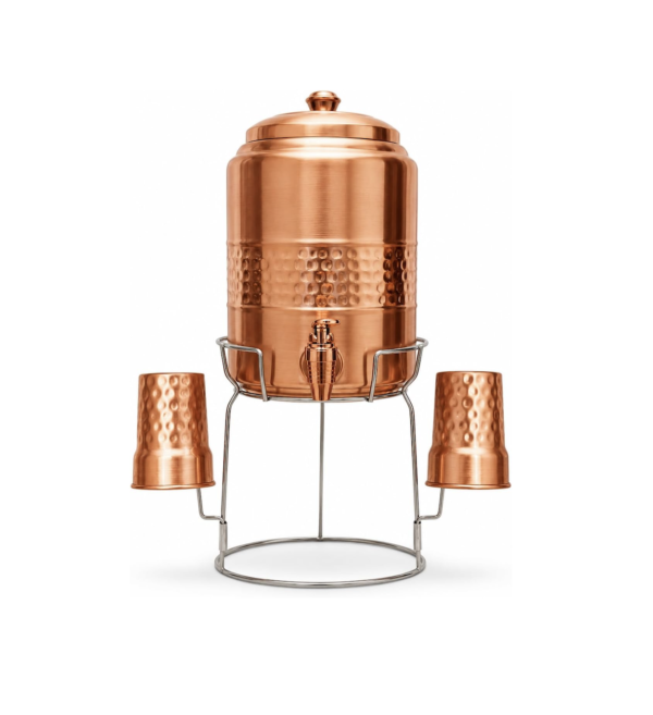 Pure Copper Hammered Water Dispenser Storage Water Tank with Tap and 2 Tumblers
