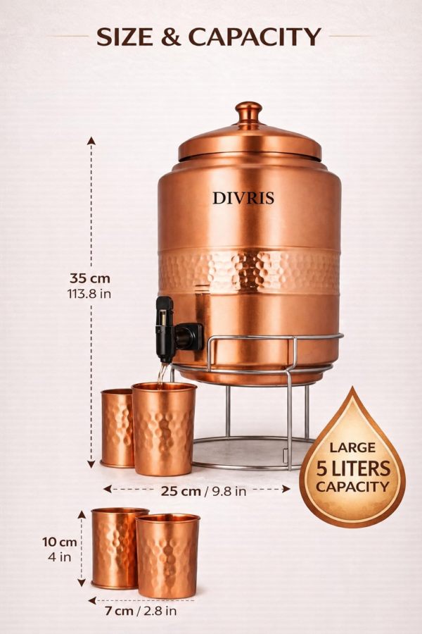 Pure Copper Hammered Water Dispenser Storage Water Tank with Tap and 2 Tumblers