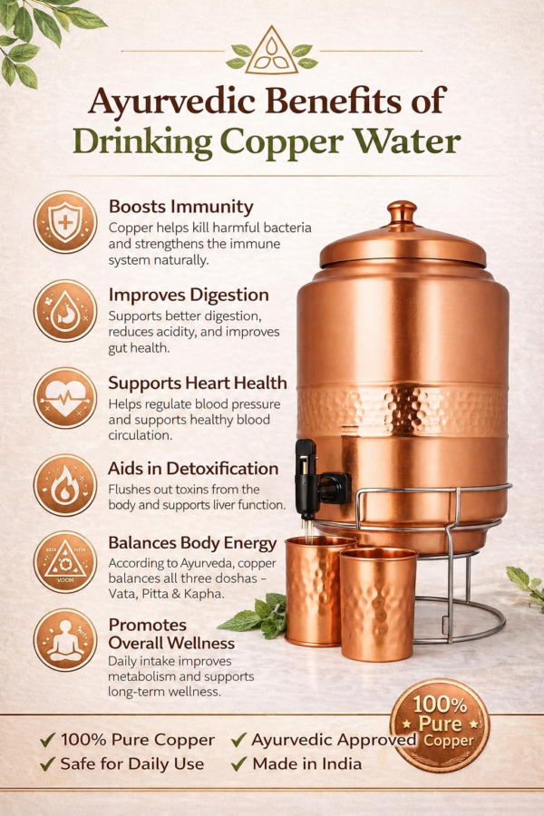 Pure Copper Hammered Water Dispenser Storage Water Tank with Tap and 2 Tumblers